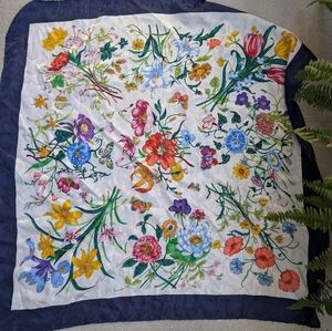 Floral Silk Scarf with Blue Border